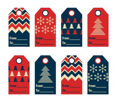 Noel ve Yeni Yıl hediye etiketleri ve işaretler. Eski model hediye etiketleri. Geometrik biçimdeki vektör illüstrasyonu