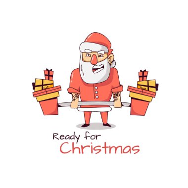 Alışılmadık, güçlü dövmeli, şeytani bir Noel Baba halterle Noel için hazırlanan bir halteri kaldırıyor. Beyaz arkaplanda vektör çizimi izole edildi. Kırmızı ve sarı renkler. Noel için geri sayım