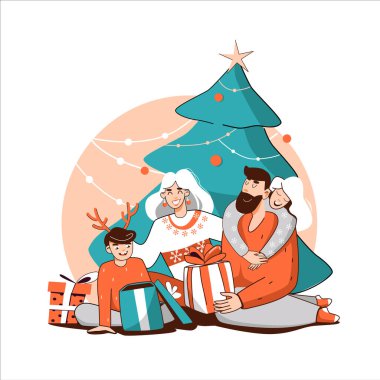 Noel zamanı. Aile Noel ağacının önünde hediyelerini değiş tokuş ediyor. Noel havası, çocuklar, pastel renkler. Beyaz arkaplanda izole edilmiş tatlı vektör çizimi