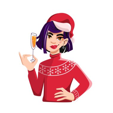 Noel havası. Noel Baba şapkalı ve Noel kazaklı bir kız bir bardak şampanyayla ayakta duruyor. Bele portre.