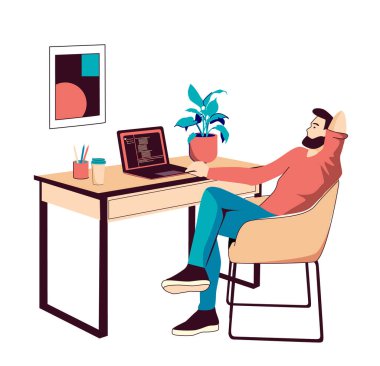 Bilgisayarda kod arayan biri. Evde çalışan ya da ders çalışan bir adam dizüstü bilgisayar, rahat minimalizm, bitki, soyut resim, kağıt bardak kahve kullanıyor. Merkez ofis konsepti. Kırmızı ve bej renkler