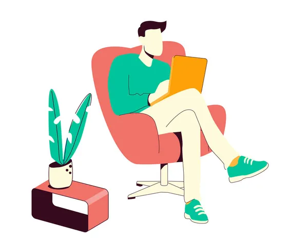 椅子の上にノートパソコンを持った男。フリーランスや勉強の概念。ノートパソコンで作業中。漫画風のかわいいイラスト。緑、黄色、ピンク色. — ストックベクタ