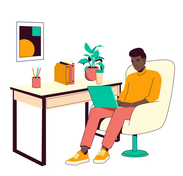Um jovem negro trabalha em um laptop em uma poltrona em casa. Trabalho a partir do conceito de casa. Freelance. Vermelho, amarelo, cores verdes —  Vetores de Stock