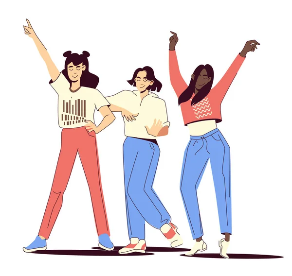 Female friendship. Women friends spend time together, dance, have fun, rejoice. Women in casual clothes of different nationalities and cultures. Sisterhood. Vector flat illustration. — Stock Vector