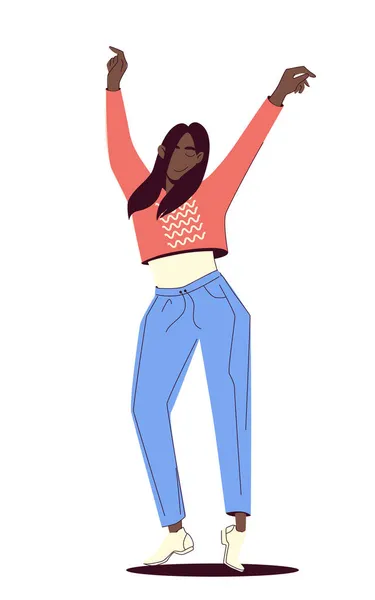 Mujer afroamericana joven con ropa cómoda para el hogar escuchar Música. Relajarse y bailar por diversión. Ilustración vectorial de dibujos animados aislada sobre fondo blanco. — Vector de stock