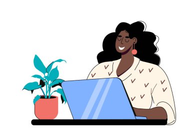 Güzel siyah kadın artı beden dizüstü bilgisayarla oturuyor. Serbest çalışmak, online çalışmak, ev kavramından çalışmak. Düz biçimli vektör illüstrasyonu.