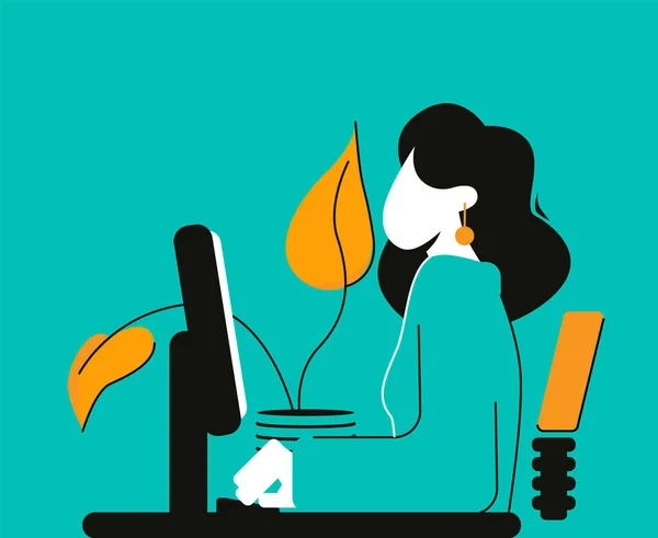 Una mujer está sentada en una computadora y escribiendo. Ilustración vectorial moderna en un estilo minimalista — Archivo Imágenes Vectoriales