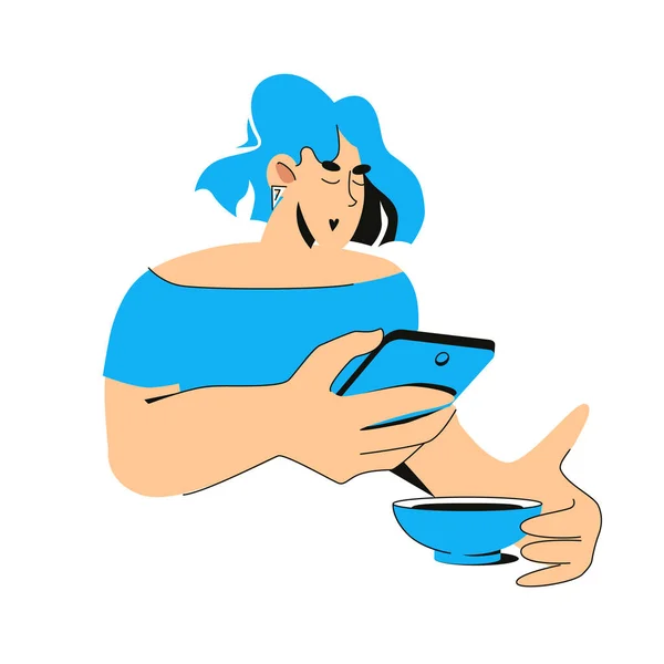 Chica grande desproporcionada tomando una foto de comida en el teléfono - ilustración vectorial aislada sobre fondo blanco — Vector de stock