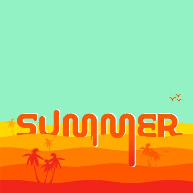 Yaz şablonu. Sıcak çöl illüstrasyonu ve erimiş harflerle dolu bir yaz, metnin için bir yer. Kare bileşimi