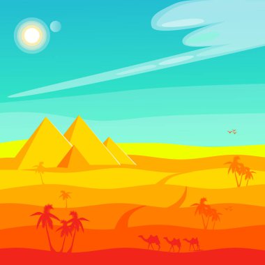 Giza 'daki Mısır piramitlerinin panoraması. Gün ortası sıcaklığı. Çizgi film tarzında biçimlendirilmiş vektör görüntüsü. Yolculuk. Tatil.