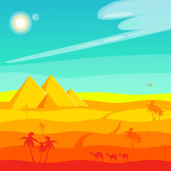 기자에 있는 이집트 피라미드의 파노라마. 한낮의 열기. 양식 벡터 이미 지는 만화 스타일이다. 궤도 여행. 휴가. — 스톡 벡터