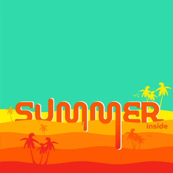 Sommarmall. Sultry öken illustration med smält bokstäver sommar, plats för yor text. Kvadratsammansättning — Stock vektor