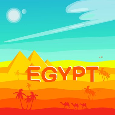 Giza 'daki Mısır piramitlerinin panoraması. Gün ortası sıcaklığı. Çizgi film tarzında biçimlendirilmiş vektör görüntüsü. Yolculuk. Tatil.