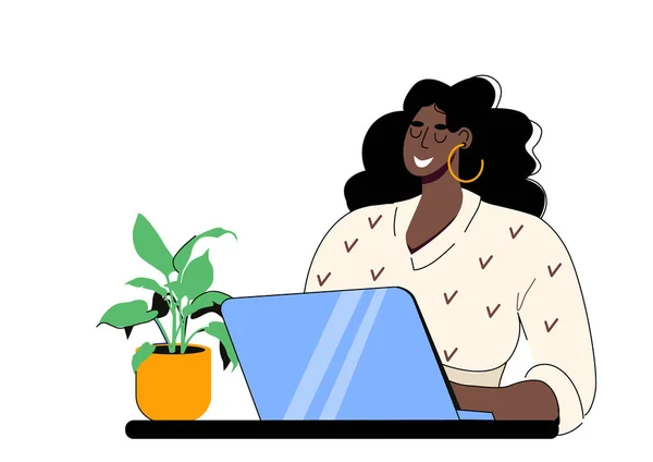 Krásná černoška plus velikost sedí s laptopem. Na volné noze, online studium, práce z domova. Vektorová ilustrace v plochém stylu. — Stockový vektor