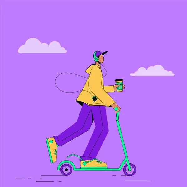 スクーターの若い男が音楽を聞いてコーヒーを飲みに行く。朝の運動、静けさ。紫色の背景のベクトル図. — ストックベクタ