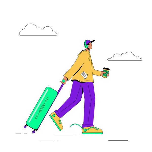 Muž s kufrem na kolech a kávou - příprava na výlet, vektorová ilustrace na silnici — Stockový vektor