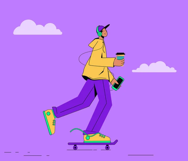 スケートボードの男は音楽を聞いてコーヒーを飲む。静けさ、外出先での生活、マルチタスク — ストックベクタ
