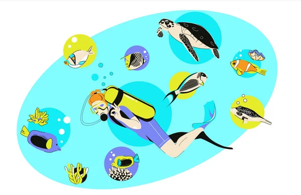 Oval composition, a woman diver and underwater inhabitants, fish, corals, turtle. Vector flat illustration in cartoon style. — Stock Vector