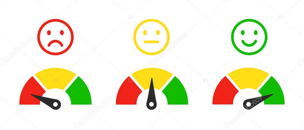 Speedometer, tachometer vector icons set. Rating satisfaction concept with emotions