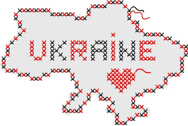 Ukrayna haritasının silueti. Kenarları nakış şeklinde. Ukrayna 'ya destek. Ukrayna 'ya barış. Ukrayna 'nın sembolü. Stok vektör illüstrasyonu.