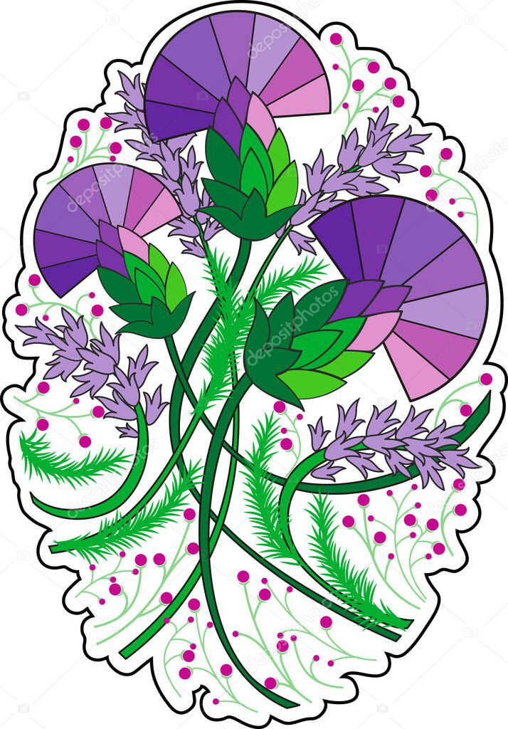 Vector beautiful sticker in Celtic style, with flowers thistle and heather, with green branches and purple flowers.