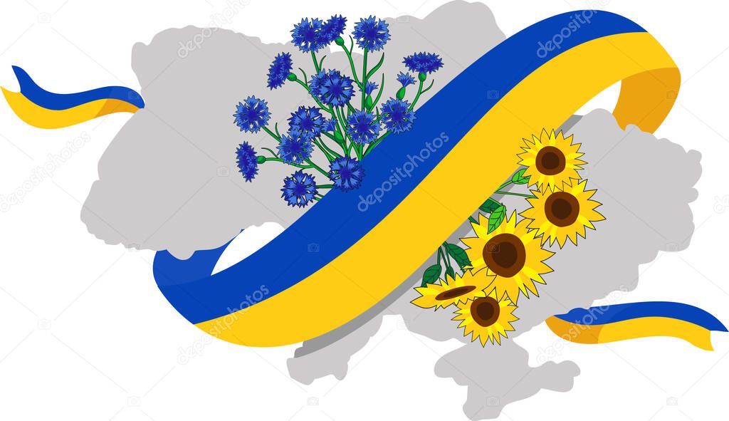 Silhouette of the map of Ukraine with with the flag of Ukraine, sunflower and cornflower. Support for Ukraine. Symbol of Ukraine. Stock vector illustration.