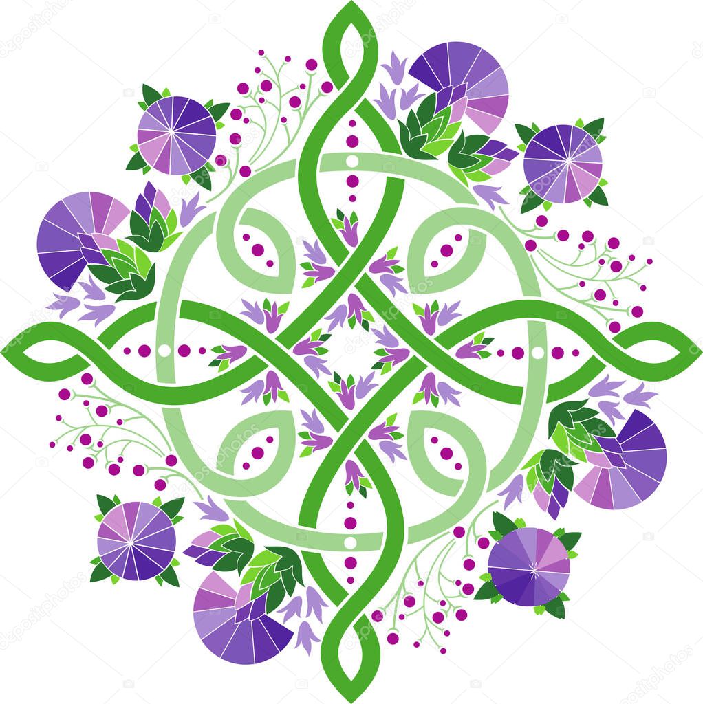 Beautiful Celtic cross decorated with flowers of a thistle. Vector illustration.