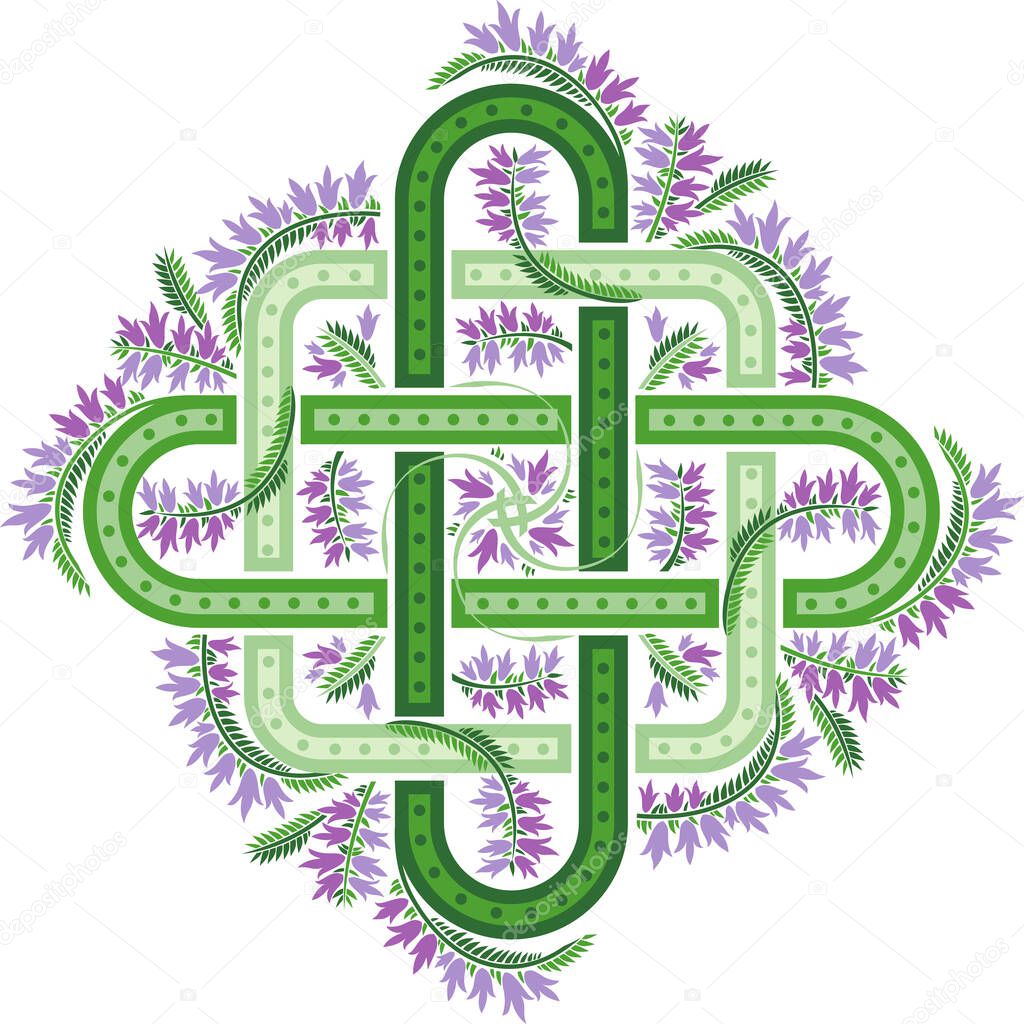 Beautiful Celtic cross decorated with flowers of a heather. Vector illustration.