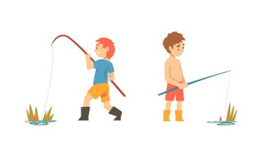 Balıkçı Botları Çocuk Karakteri Olta Avlama Vektörü Kümesi