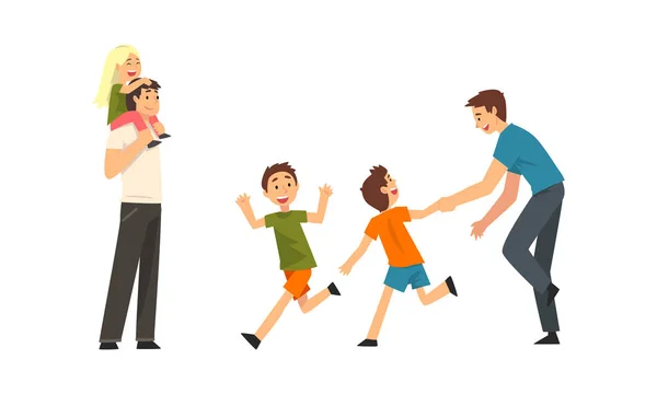 Loving Father Playing and Having Fun with His Kids Enjoying Good Time Together Vector Set — Stock Vector