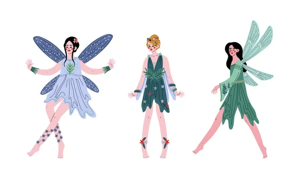 Magic Forest Fairy of Pixie met vleugels en in lichte jurk vectorset — Stockvector