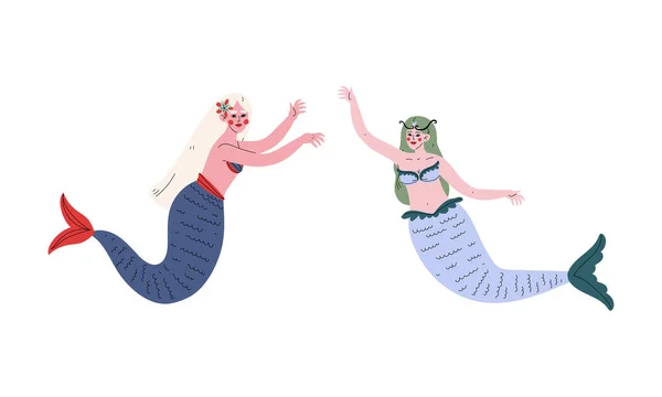 Mermaid or Seamaid with Lush Hair Floating Underwater Vector Set — Stock Vector