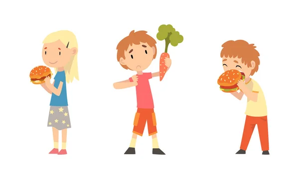 Klein meisje met hamburger en jongen verwerpen eten wortel vector set — Stockvector