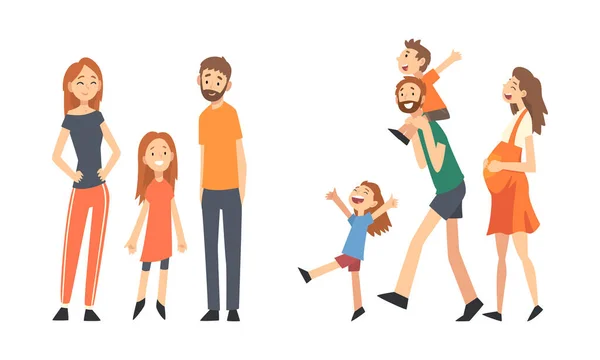 Gezin met moeder, vader en kinderen besteden tijd wandelen samen vectorset — Stockvector