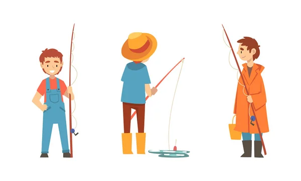 Ragazzo personaggio in Stivali Pescatore con canna da pesca Vettoriale Set — Vettoriale Stock