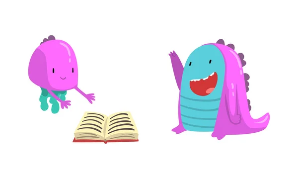 Funny Purple Monster Character Reading Book Vector Set — Stock Vector