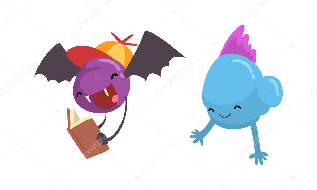 Funny Monster Character in Cap and Fangs Flying with Book Vector Set