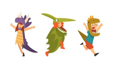 Karnaval Kıyafet Vektörü olarak Dinozor Kostümü Giyen Sevimli Çocuk