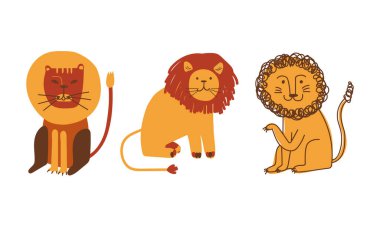 Komik Aslan - Afrika Hayvanı Mane Doodle Vektör Kümesi