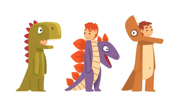Schattig kind dragen Dinosaurus kostuum als carnaval outfit vector set — Stockvector