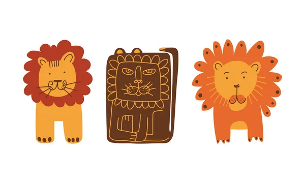 León divertido como animal africano con melena Doodle conjunto de vectores — Vector de stock