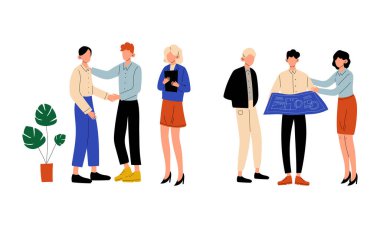 Erkek ve kadın ofis çalışanı ayakta duruyor ve iş vektörü setini tartışıyor