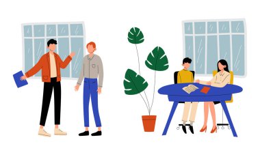 Erkek ve Kadın Ofis İşçisi Masada Oturuyor ve İş Vektörü Ayarlarını Tartışıyor