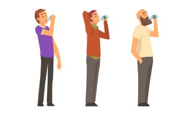 Plastik şişe vektör setinden Duran ve İçen İnsan Karakteri Suyu