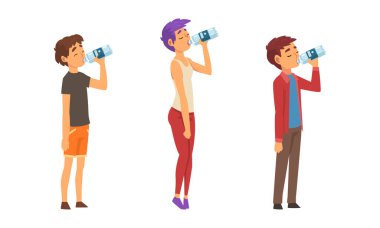 Plastik şişe vektör setinden Duran ve İçen İnsan Karakteri Suyu