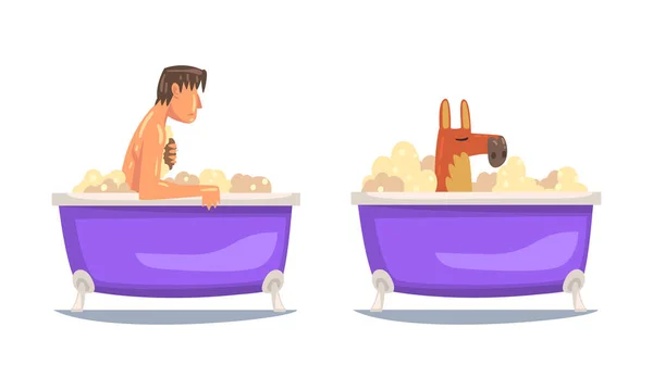 お風呂の中の若い男性とラマ風呂ソープベクトルセットで体を洗う — ストックベクタ