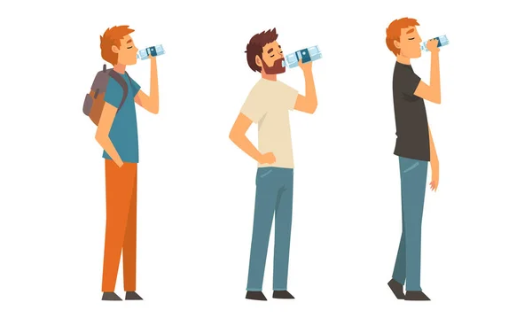 People Character Standing and Drinking Water from Plastic Bottle Vector Set — Stockový vektor