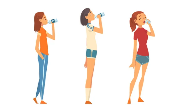 People Character Standing and Drinking Water from Plastic Bottle and Glass Vector Set — Stockový vektor