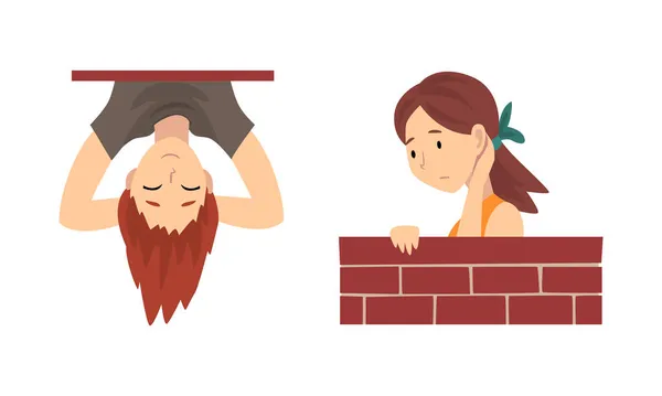 Mann und Frau schauen aus Ziegelmauer und hängen kopfüber — Stockvektor