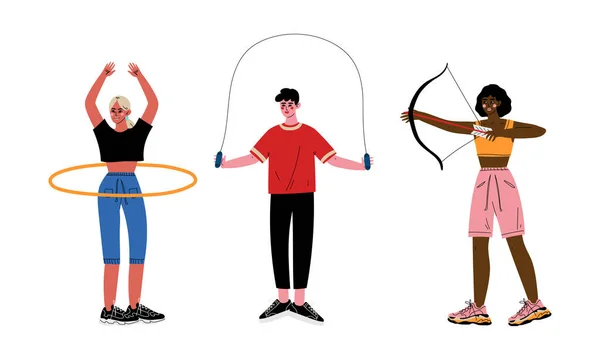 Ung man och kvinna hoppa rep, Göra bågskytte och med Hula Hoop Vector Set — Stock vektor